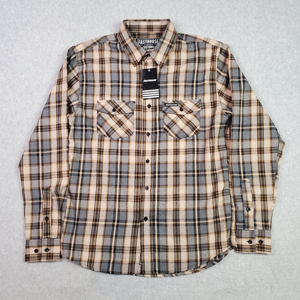 Fasthouse Customs Shirt Mens Small Beige Gray Plaid Flannel Button Up Casual